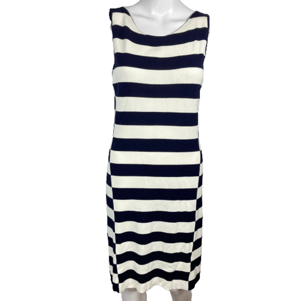 Theory Dress Womens Sz L Navy Blue White Striped Knit‎ Sleeveless Sheath Sweater